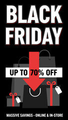 Black Friday sale graphic featuring shopping bags gift boxes and text Up to 70 Off