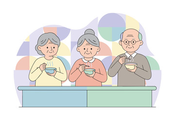 Three smiling seniors eating warm soup together symbolizing friendship healthy lifestyle and community