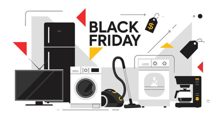 Black Friday sales concept featuring major home appliances and electronics promotion illustration