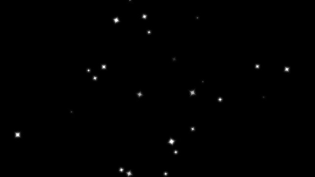 Twinkle sparkle stars animation, fast line glitter motion, white cartoon blinking stars, flat vector doodle sparkle, sparkling glitter star dust trail loop animation on black screen background. 4k