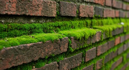 Old Brick Wall Covered with Green Moss Texture 