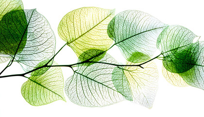 Translucent green leaves with visible vein structure, delicate leaf skeletons, transparent organic textures, floating gracefully on pure white background, 