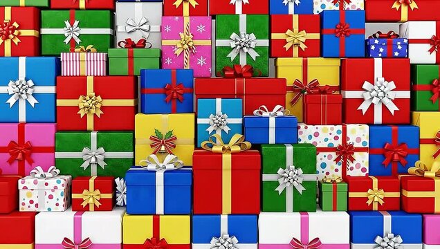 Vibrant stack of diverse beautifully wrapped gift boxes creates a festive holiday or celebration atmosphere perfect for any special occasion