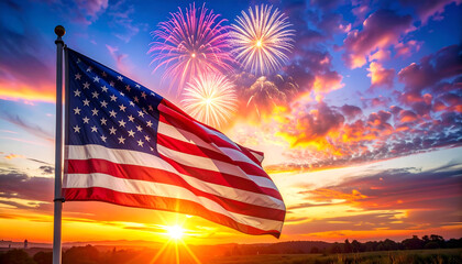 American flag waving with fireworks and sunset sky, symbolizing freedom and patriotism for Independence Day.