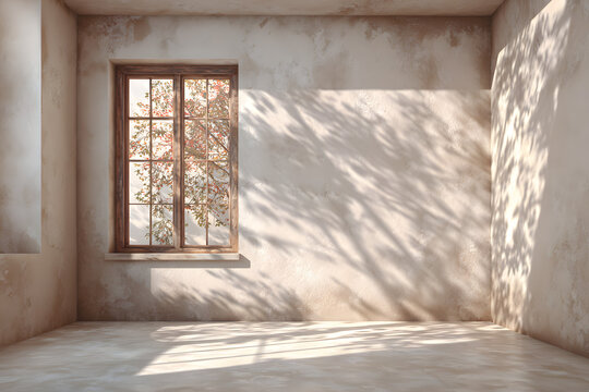 Wall interior background, studio and backdrops show products. with leaf shadow from window color beige and white. background for text insertion and presentation of product