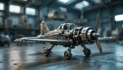 Intricate steampunk airplane model showcases detailed craftsmanship and retro aviation design, perfect for vintage collections and creative projects.