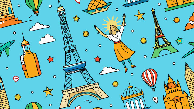 Whimsical parisian adventure with iconic landmarks and joyful traveler illustration
