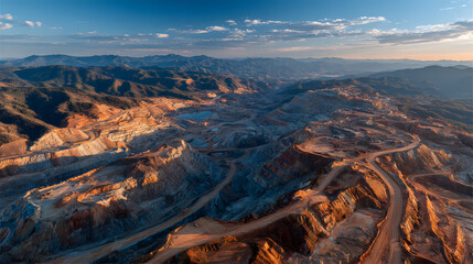 a wide-angle aerial photograph of an expansive rare earth mineral mine, showcasing the vast scale and complexity of the mining operation