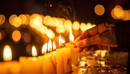 Hand lighting one candle with another in warm glowing light symbolizing hope, peace, and faith.