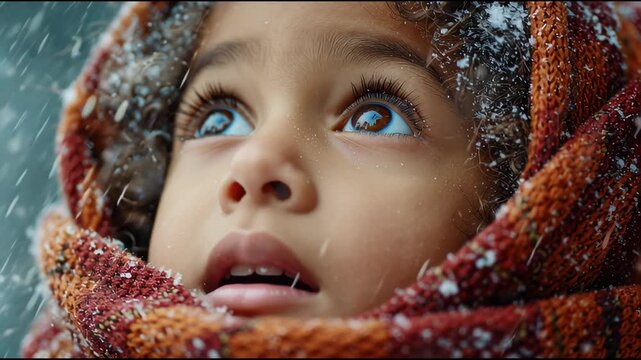 A child wearing a colorful scarf looks up with wonder as soft snowflakes settle on their face. The beautiful winter scene captures the joy and magic of snowfall in a serene outdoor setting