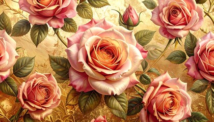 Close-up of many detailed, pink and orange roses and leaves