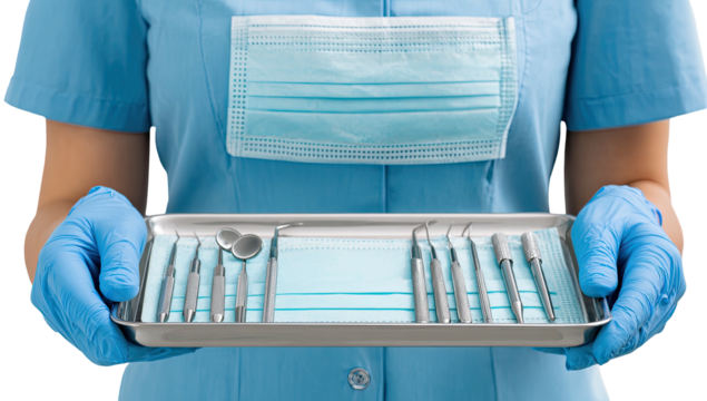 A dentist holding tray of dental instruments, including mirrors, probes, and a facemask