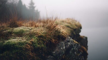 Craggy cliff edge covered in moss and dry grass in misty conditions.