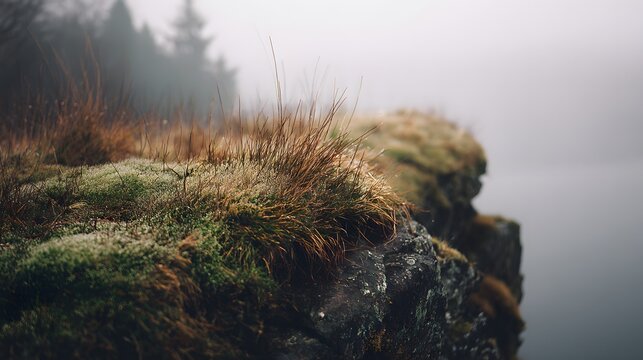 Craggy cliff edge covered in moss and dry grass in misty conditions.