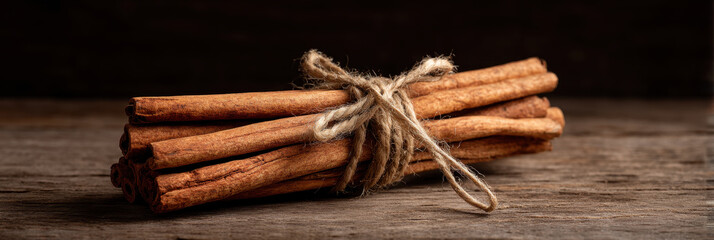 Cinnamon spice bundle twine rustic brown wood aromatic closeup natural mood