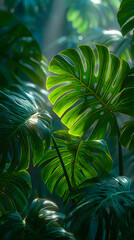 Tropical green monstera and palm leaves frame on white background.