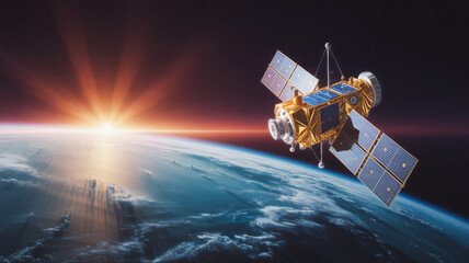 Satellite orbiting earth with sunrise in the background satellite