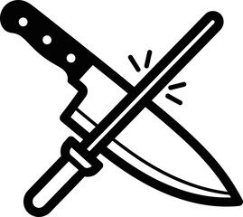 Knife sharpening with steel rod. Sharpening steel tool. Kitchen utensil maintenance. Contour line black icon vector illustration