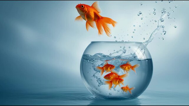 A vibrant fish makes a thrilling leap from a glass bowl into expansive open water. This moment captures the spirit of adventure and the joy of exploration outside its boundaries