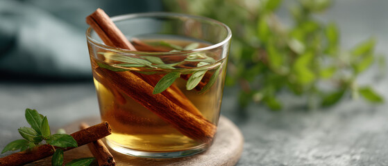 Cinnamon tea glass herb leaf warm comfort drink with aromatic spice and fresh garnish