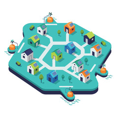 Naklejka premium Isometric view of houses with solar panels on a stylized island.