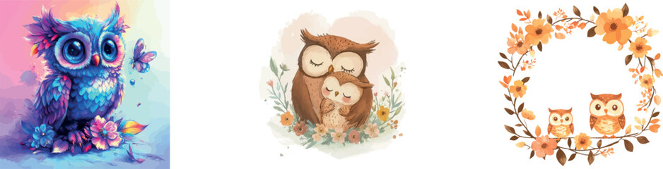 Obraz premium The watercolor illustration showcases a cute mom and baby owl nestled within a flower wreath