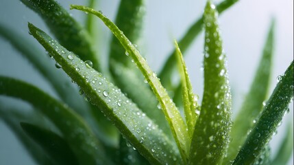 Green succulent plant leaves are covered in fresh water droplets.