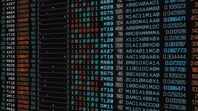 Big data, interface, binary code, encryption machine code. Research, analyzing, science, data, numbers. 3D animation