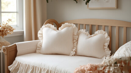 Cozy nursery bedding with ruffled heart shaped pillows and soft textures creating a serene, peaceful haven for baby