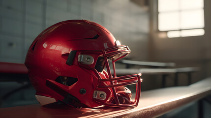 Red american football helmet resting on locker room bench