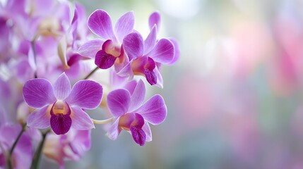 Delicate purple orchids bloom on a soft, blurred background.