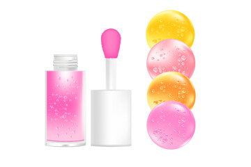 Fototapeta premium Cosmetic lip gloss or oil mockup isolated, transparent background, moisturizing pink glaze liquid lipstick 3d plastic tube vector packaging, open bottle, white cap, brush cup. Beauty treatment.