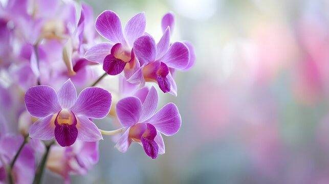 Delicate purple orchids bloom on a soft, blurred background.