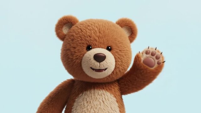Cute animated teddy bear waving cheerfully against a light blue background, perfect for children's content
