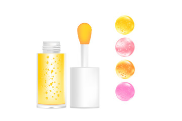 Cosmetic lip gloss or oil mockup isolated, transparent background, moisturizing honey glaze liquid lipstick 3d plastic tube vector packaging bottle, brush cup, swatches. Beauty treatment.