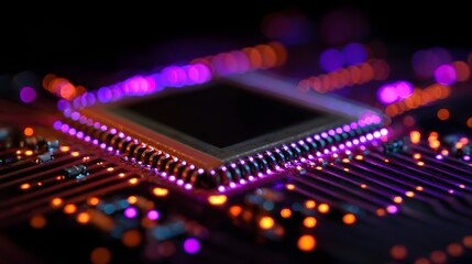 Computer chip glowing with purple and orange lights on a dark background.