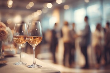 Obraz premium Two wine glasses with a blurred gathering background