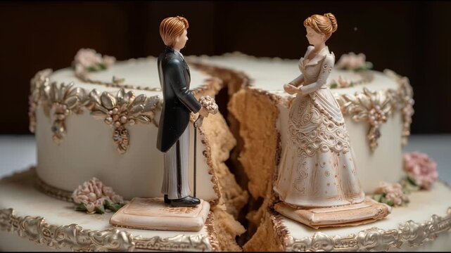 a broken marriage: a wedding cake split in half separates bride and groom figurines, representing divorce, separation, and the emotional end of a relationship.