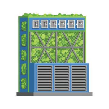 Modern air conditioning unit with ventilation louvers and greenery.