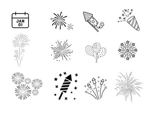 Collection of fireworks icons presented on a clean white background, ideal for capturing the excitement of celebrations, New Year's Eve, 4th of July, Diwali, Bonfire Night, corporate events, party in.