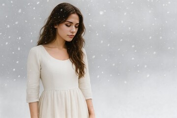 Peaceful woman in white dress standing outdoors under soft falling snow with gentle light