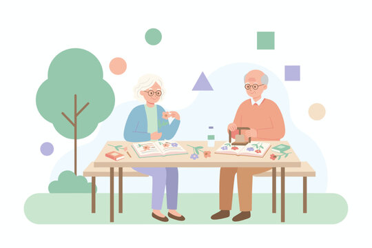 Elderly couple enjoying flower pressing outdoors a relaxing hobby for seniors - Powered by Adobe