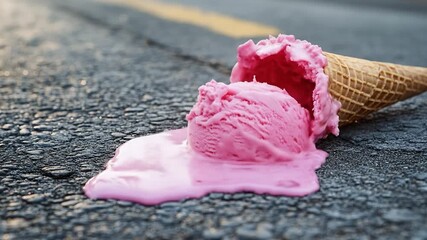 A pink ice cream scoop slides from a waffle cone onto gritty asphalt in warm sunlight