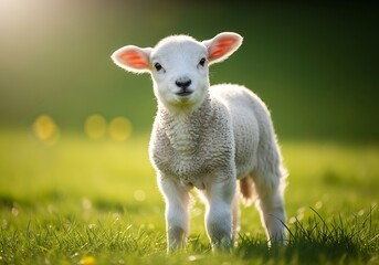 Fototapeta premium A fluffy white lamb stands in a sunlit green field, looking directly at the camera.