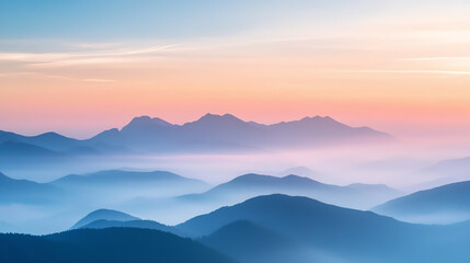 Fototapeta premium Dreamy layered mountain scene with fog and pastel sunset colors