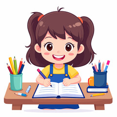 happy cute kid girl study on cute table