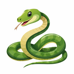 Fototapeta premium Cute Cartoon Green Snake with Tongue Out Coiled.
