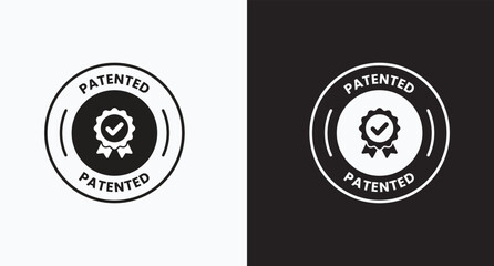 Black and White patented stamp vector illustration with check mark symbol, approval label, certification badge, trademark protection design, intellectual property rights guarantee, verified seal icon.
