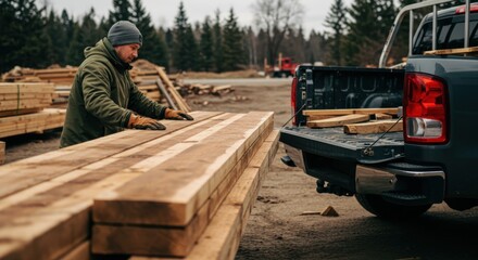 Fototapeta premium Worker Loading Wooden Planks onto Pickup Truck Bed for Construction 