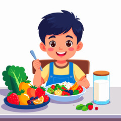happy cute kid boy eat healthy food